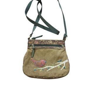 Fossil Vintage Brown Canvas Embroidered Bird Design Small Crossbody Bag Floral